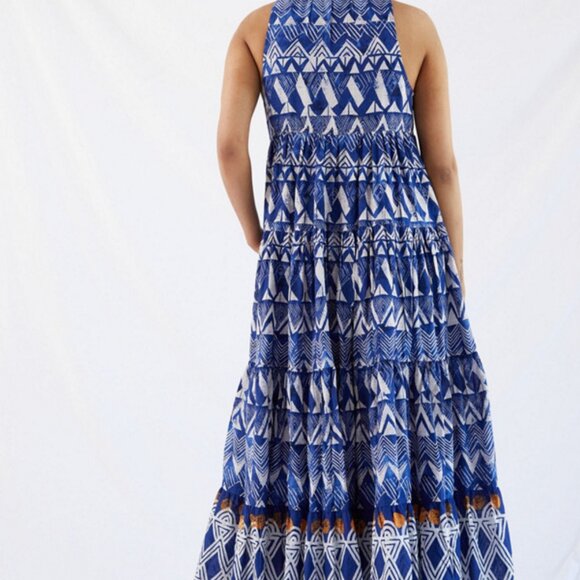 Anthropologie Tiered Abstract Maxi Blue Geometric Cotton Dress - Picture 4 of 12